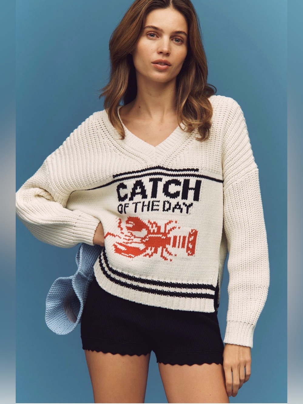 Anthropologie Maeve Linen Blend V-neck Catch of the Day Lobster Sweater Cream M